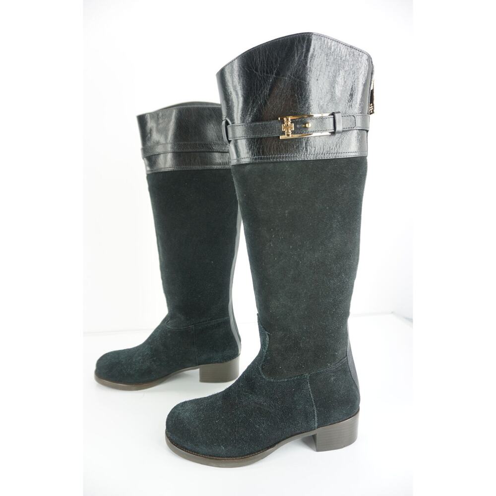 Tory Burch Black Suede Jenna Logo Tall Knee Riding Boots New